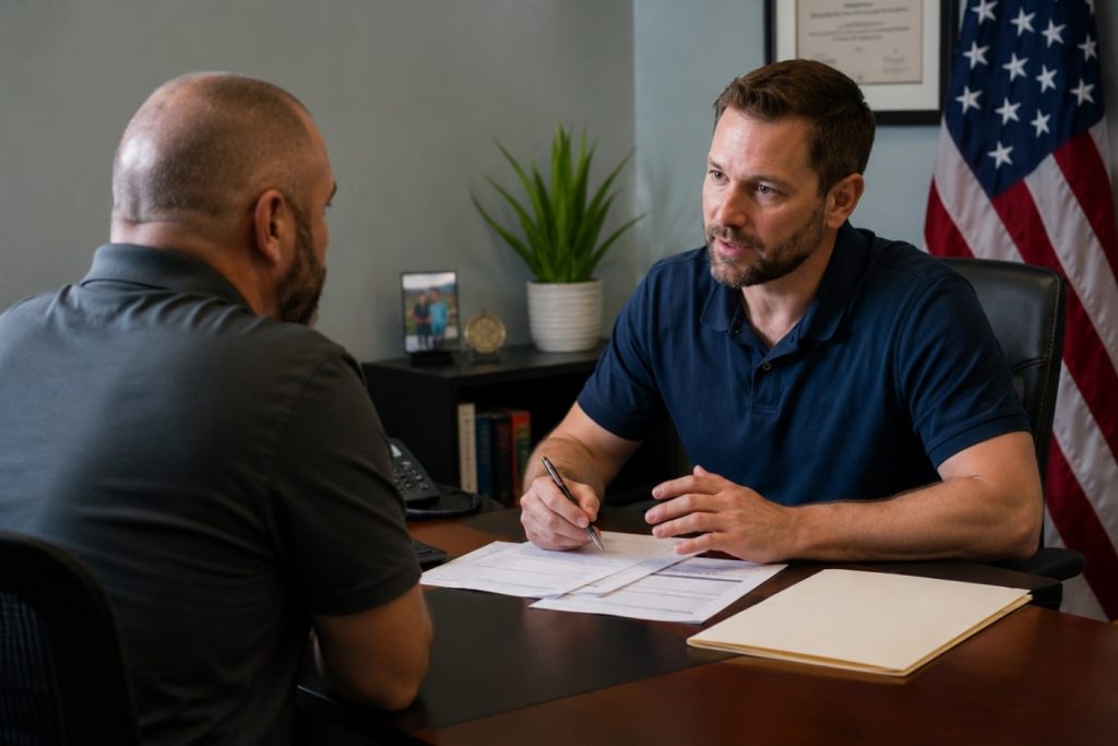 Veteran getting VA benefits claim assistance at home desk with paperwork and laptop in 2026
